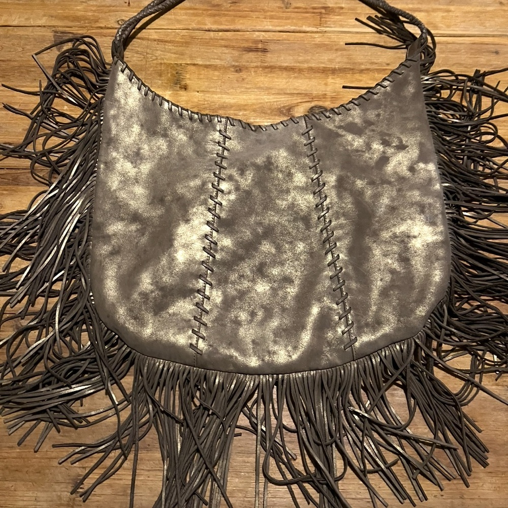 Fringe Leather Shoulder Bag - Metallic Brown